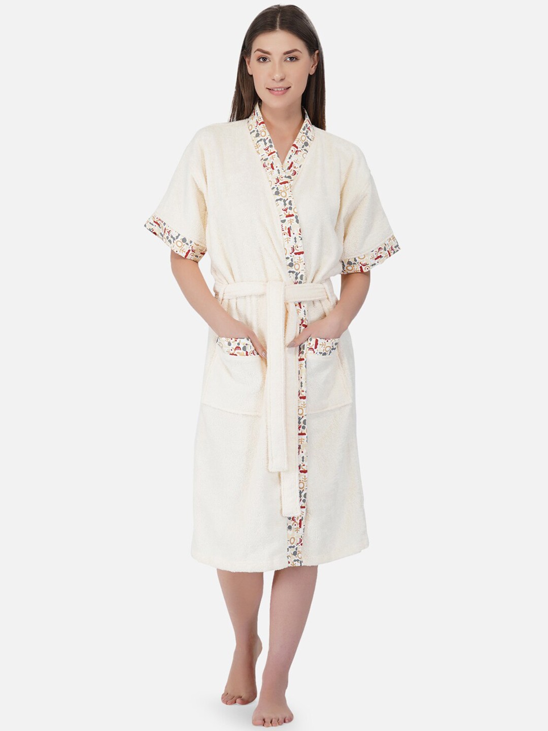 

RANGOLI Women Pack of 2 Off White 420 GSM Pure Cotton Bath Robe With Slippers