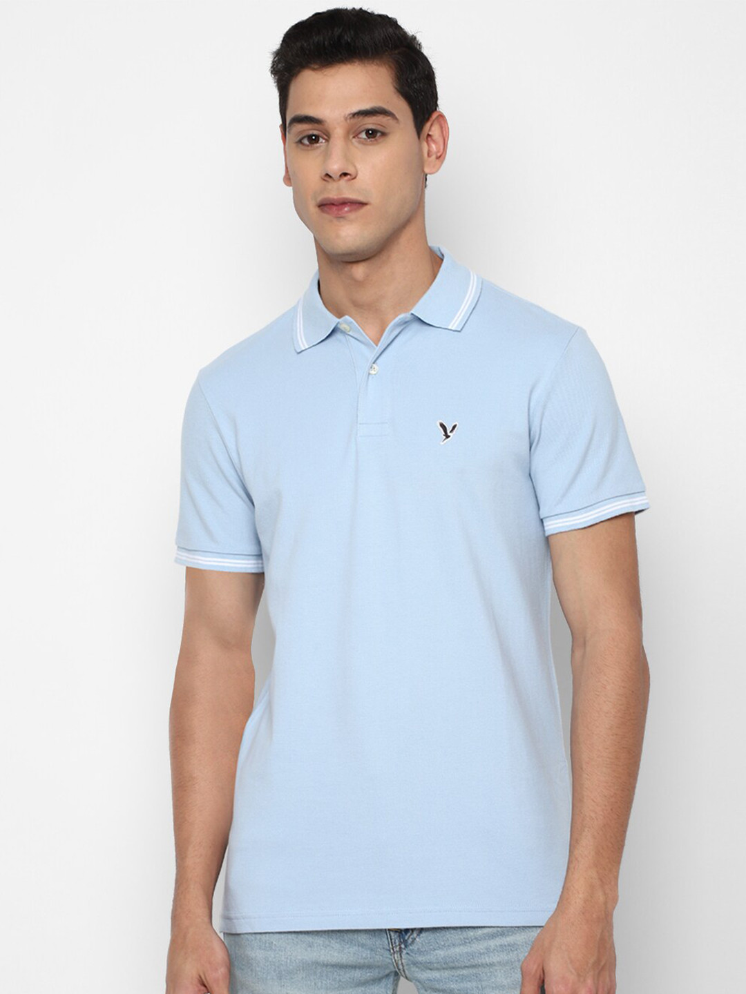 

AMERICAN EAGLE OUTFITTERS Men Blue & White Solid Polo Collar T-shirt