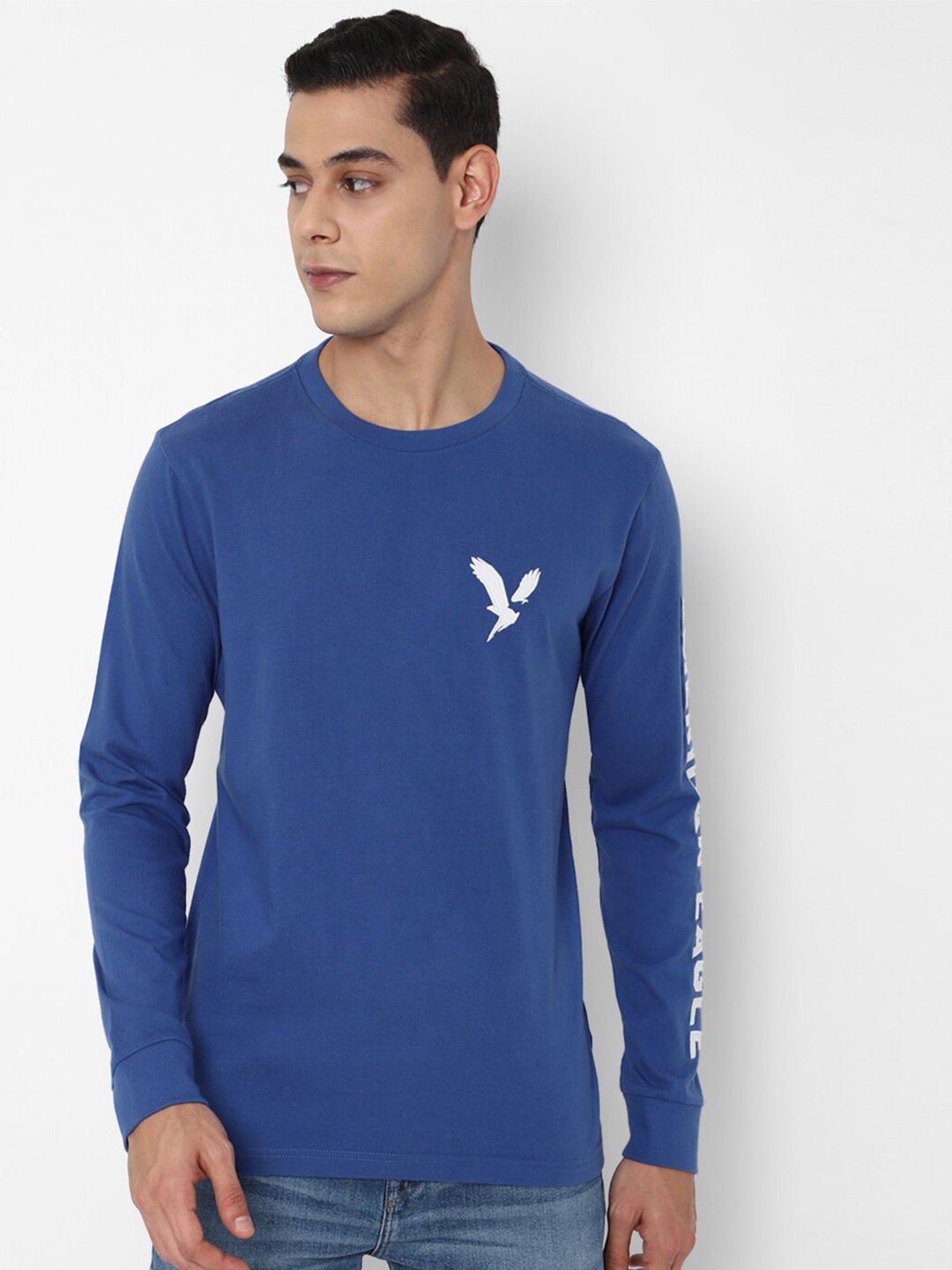 

AMERICAN EAGLE OUTFITTERS Men Blue & White Printed Pure Cotton Round Neck T-shirt