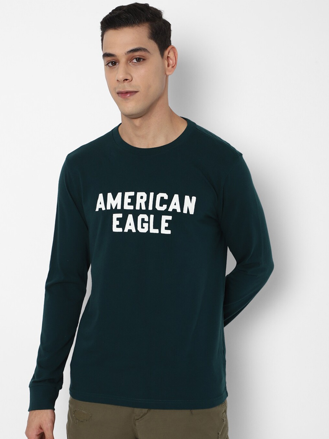 

AMERICAN EAGLE OUTFITTERS Men Green & White Brand Logo Printed Pure Cotton T-shirt