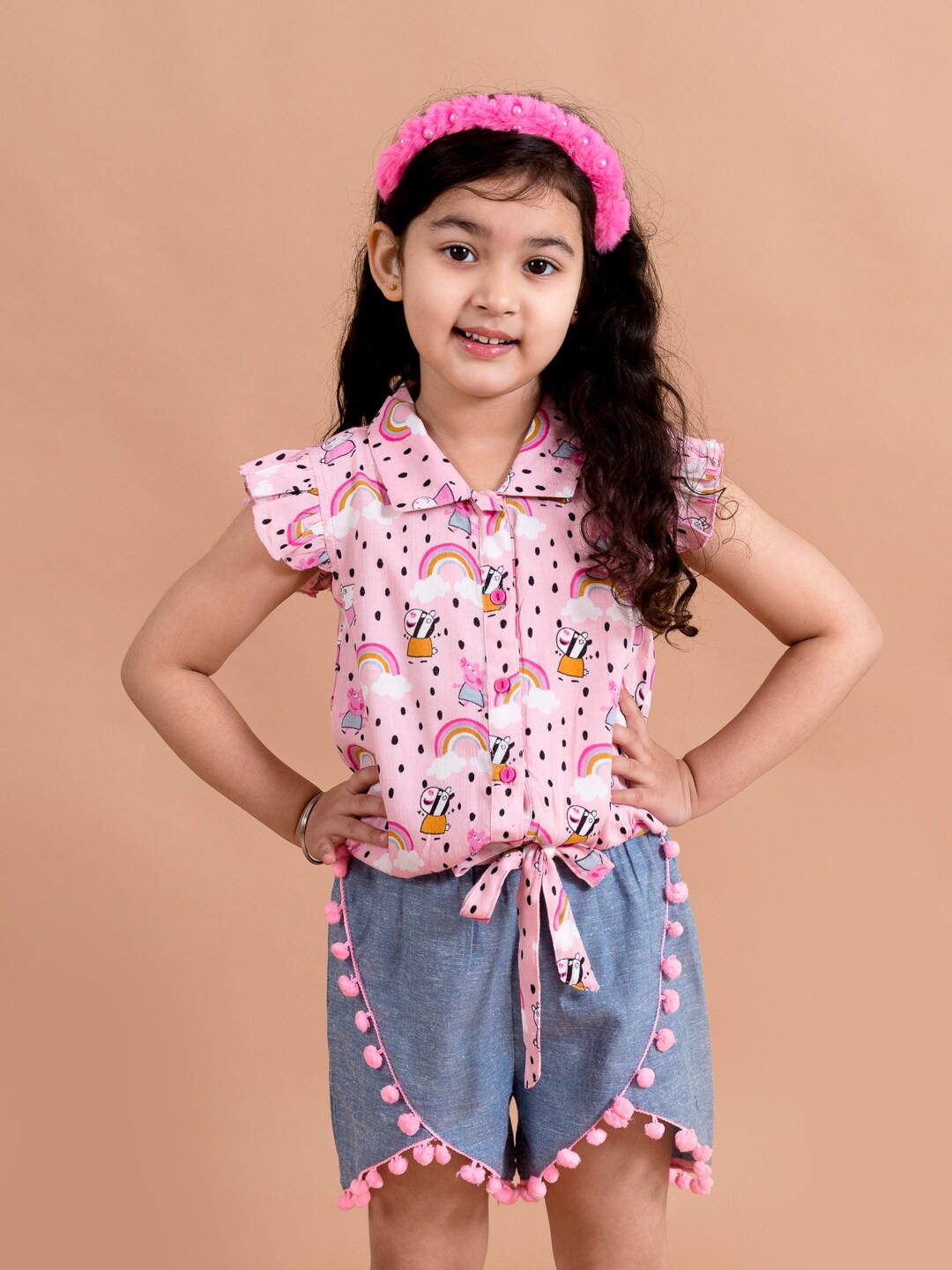 

pspeaches Girls Pink Printed Shirt with Shorts