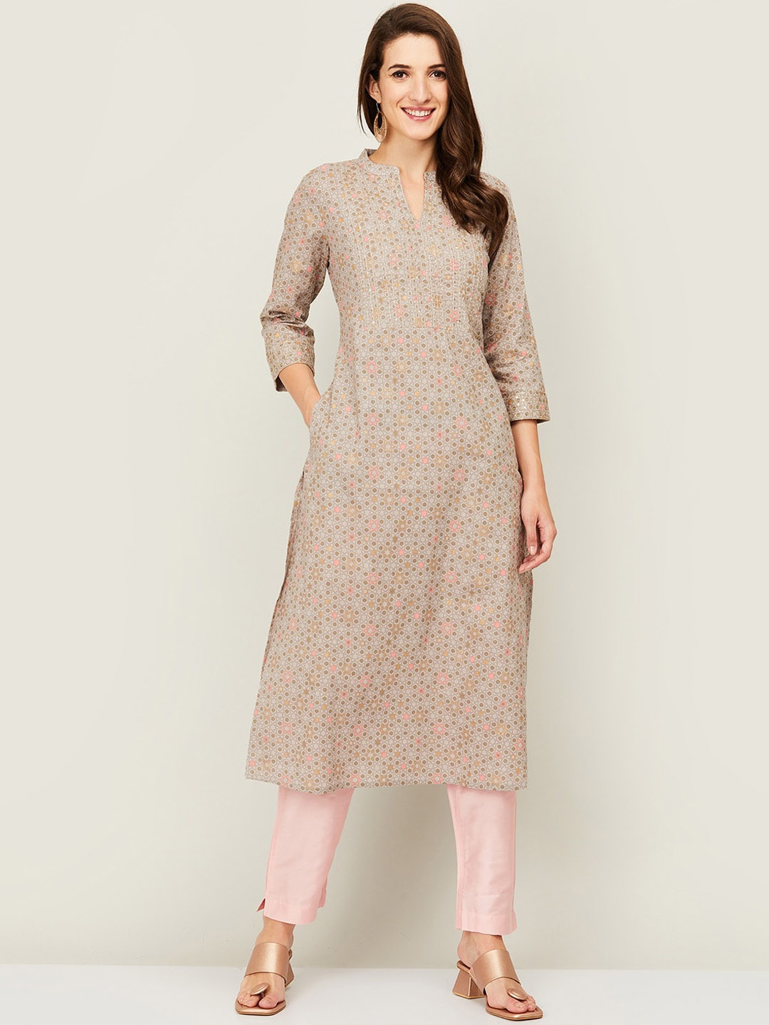 

Melange by Lifestyle Women Grey Geometric Printed Pure Cotton Chikankari Kurta