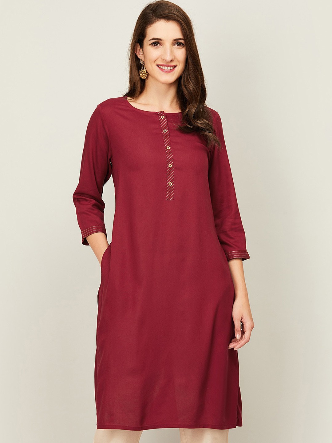 

Melange by Lifestyle Women Maroon Flared Sleeves Mirror Work Kurta