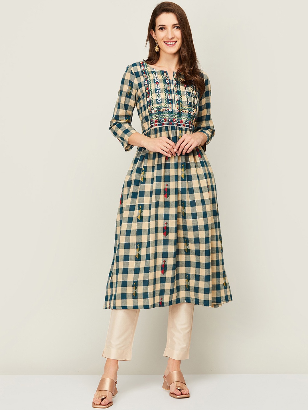 

Melange by Lifestyle Women Teal Blue & Beige Checked Mirror Work Cotton A-line Kurta