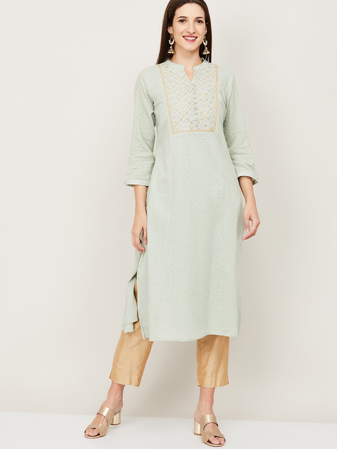 

Melange by Lifestyle Women Beige & White Geometric Printed Cotton Straight Kurta