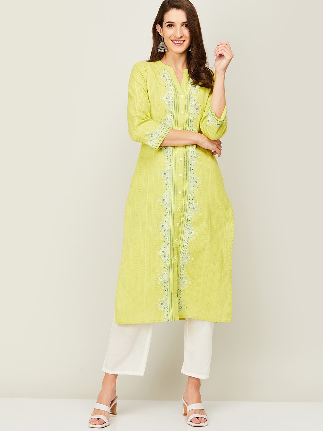 

Melange by Lifestyle Women Lime Green Ethnic Motifs Embroidered Thread Work Kurta