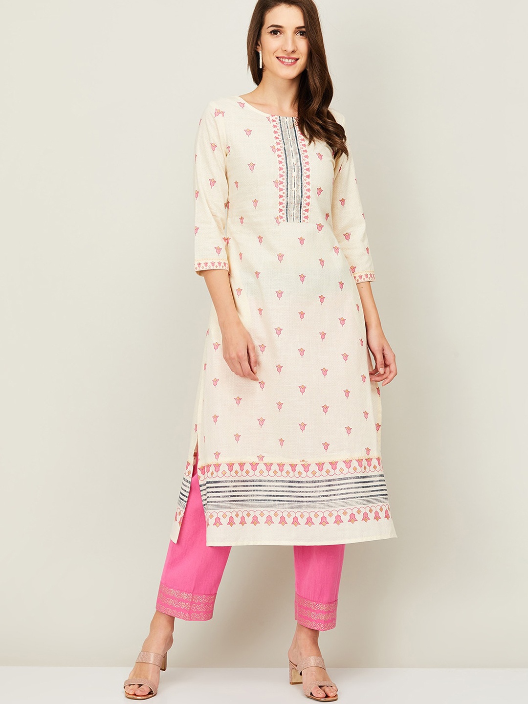 

Melange by Lifestyle Women Off White & Pink Floral Printed Kurta
