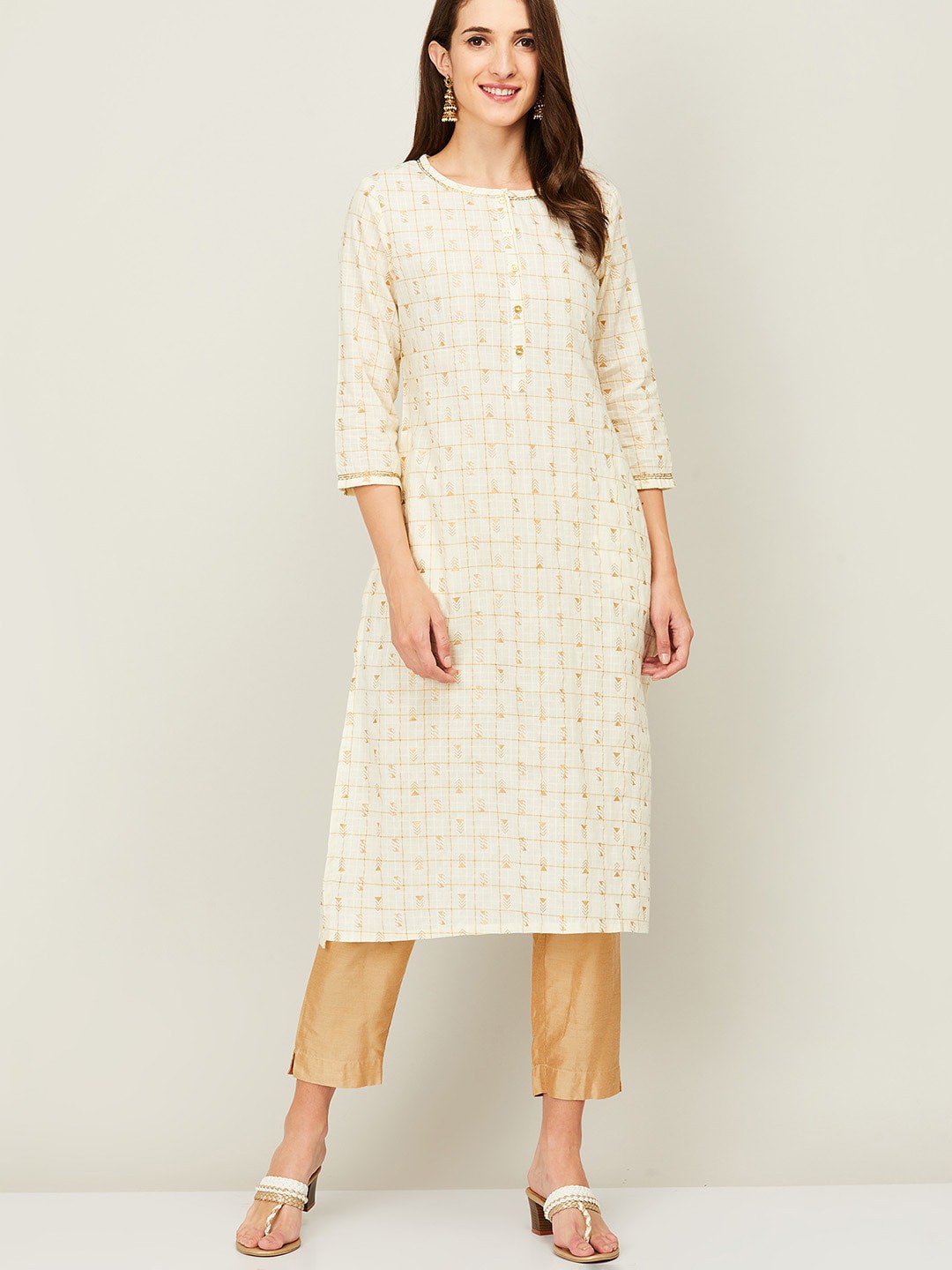 

Melange by Lifestyle Women Off White & Beige Geometric Printed Pure Cotton Kurta