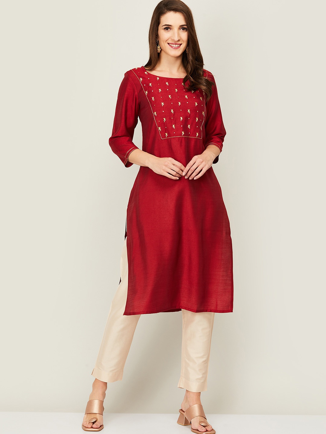 

Melange by Lifestyle Women Red & Beige Floral Yoke Design Kurta