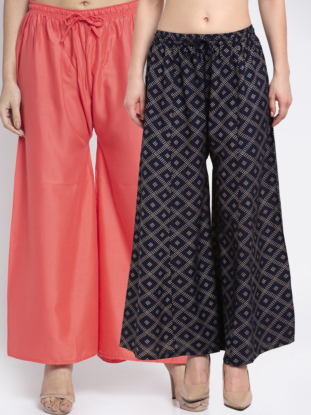 

GRACIT Women Peach-Coloured & Navy Blue Set of 2 Printed Flared Knitted Ethnic Palazzos