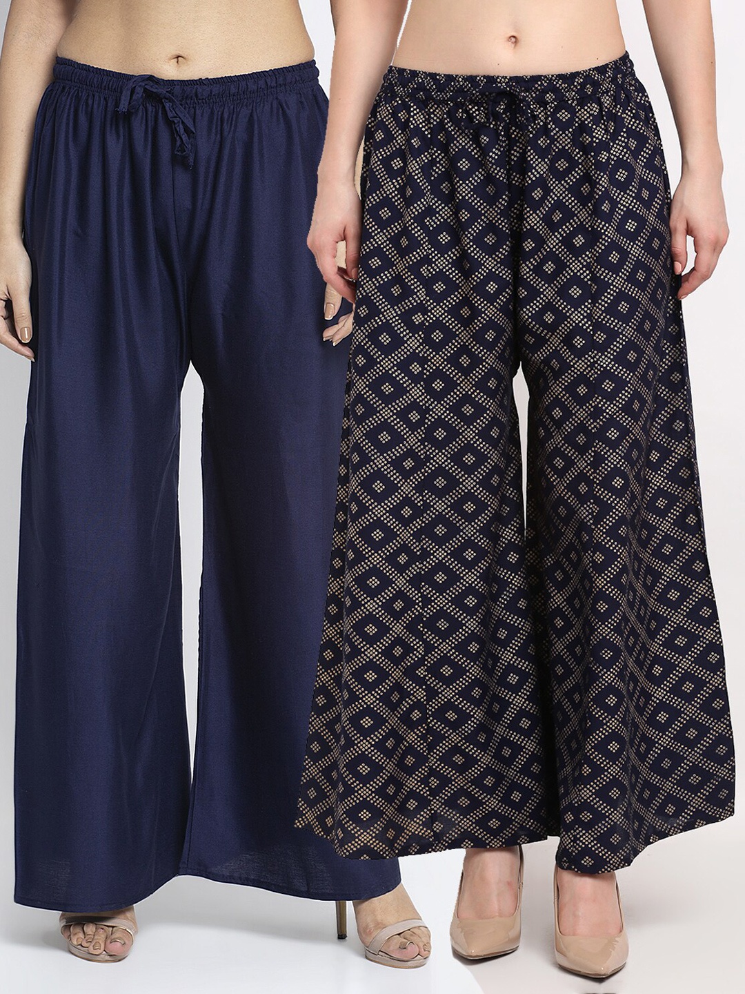 

GRACIT Women Pack Of 2Navy Blue & Beige Printed Flared Ethnic Palazzos, Navy blue
