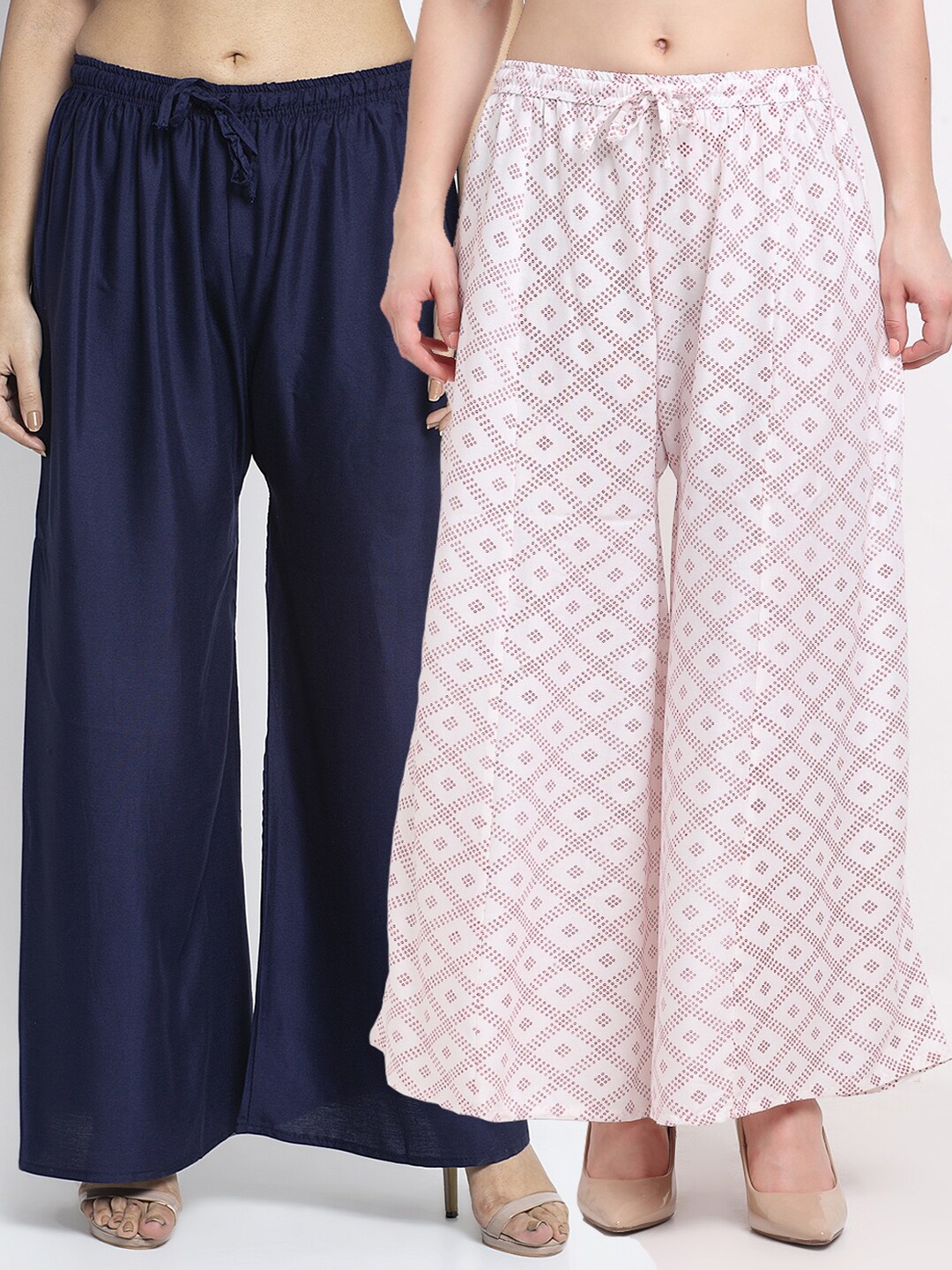 

GRACIT Women Pack Of 2 Navy Blue & Off White Printed Flared Knitted Ethnic Palazzos