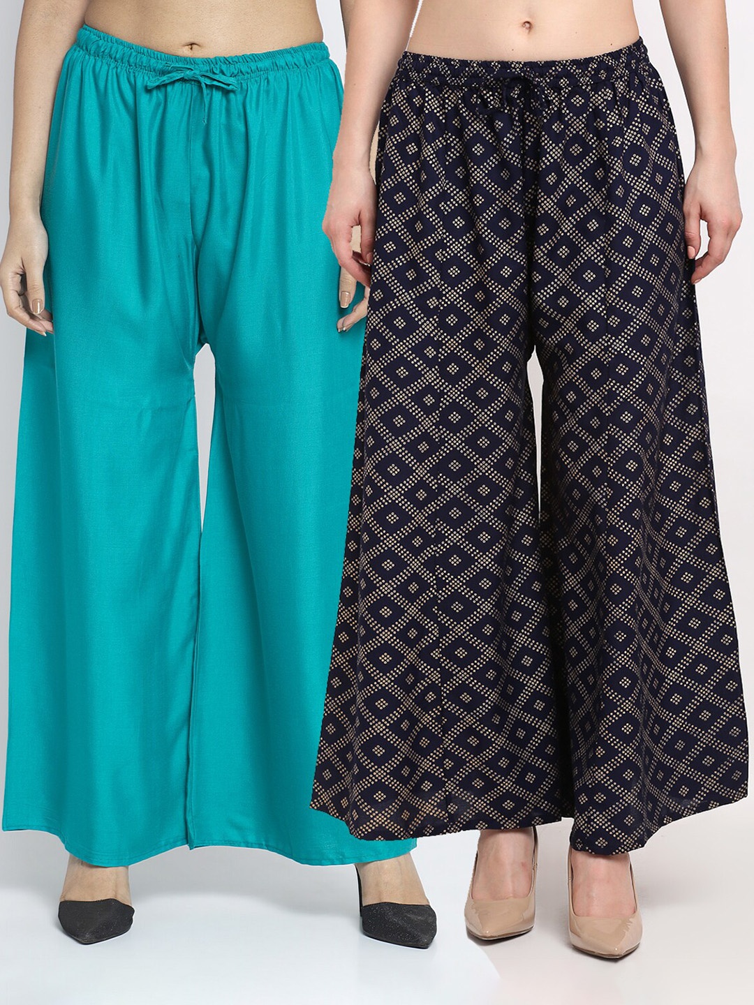 

GRACIT Women Pack Of 2 Green & Navy Blue Printed Flared Knitted Ethnic Palazzos