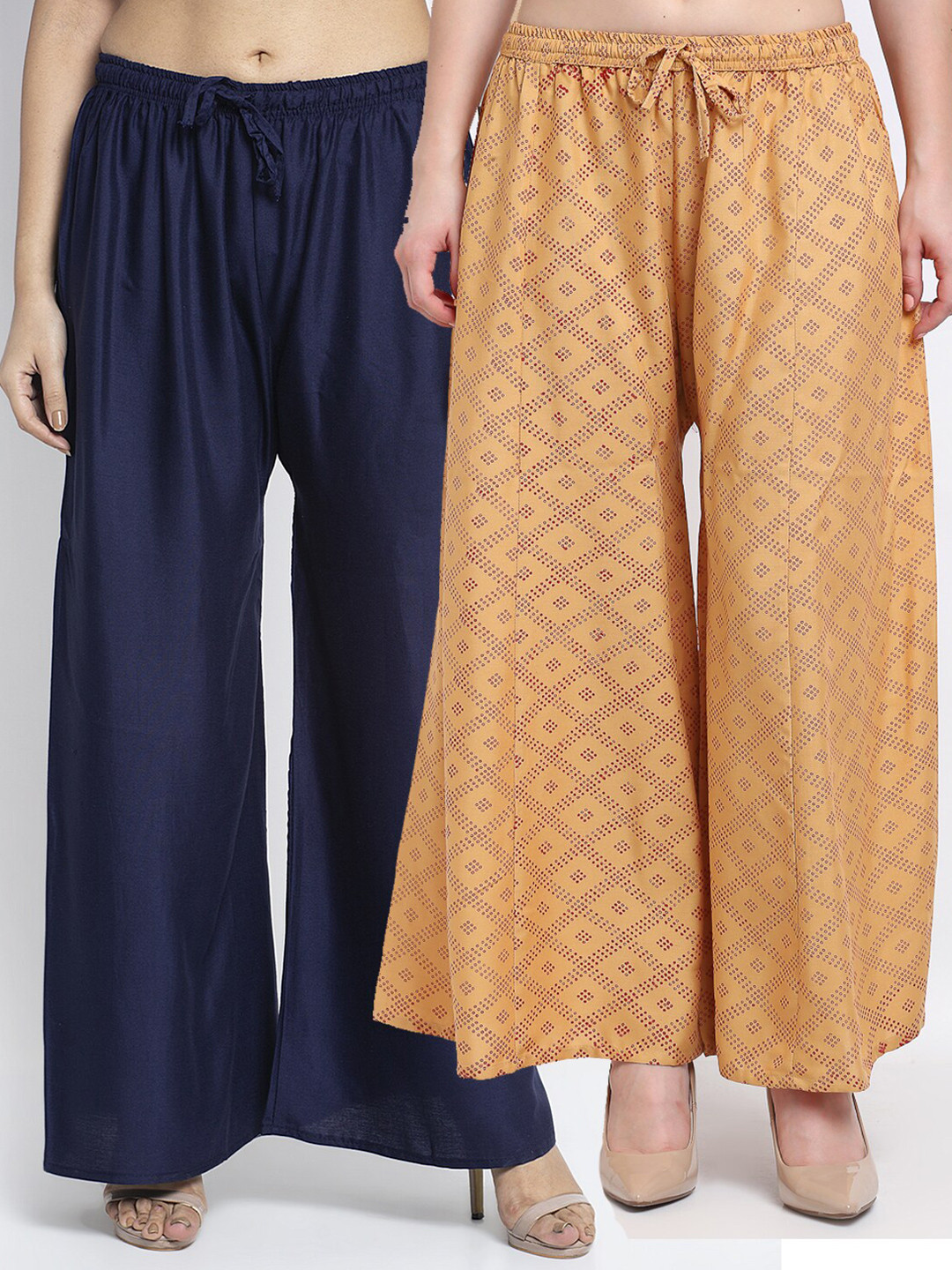 

GRACIT Women Pack Of 2 Navy Blue & Beige Printed Flared Knitted Ethnic Palazzos