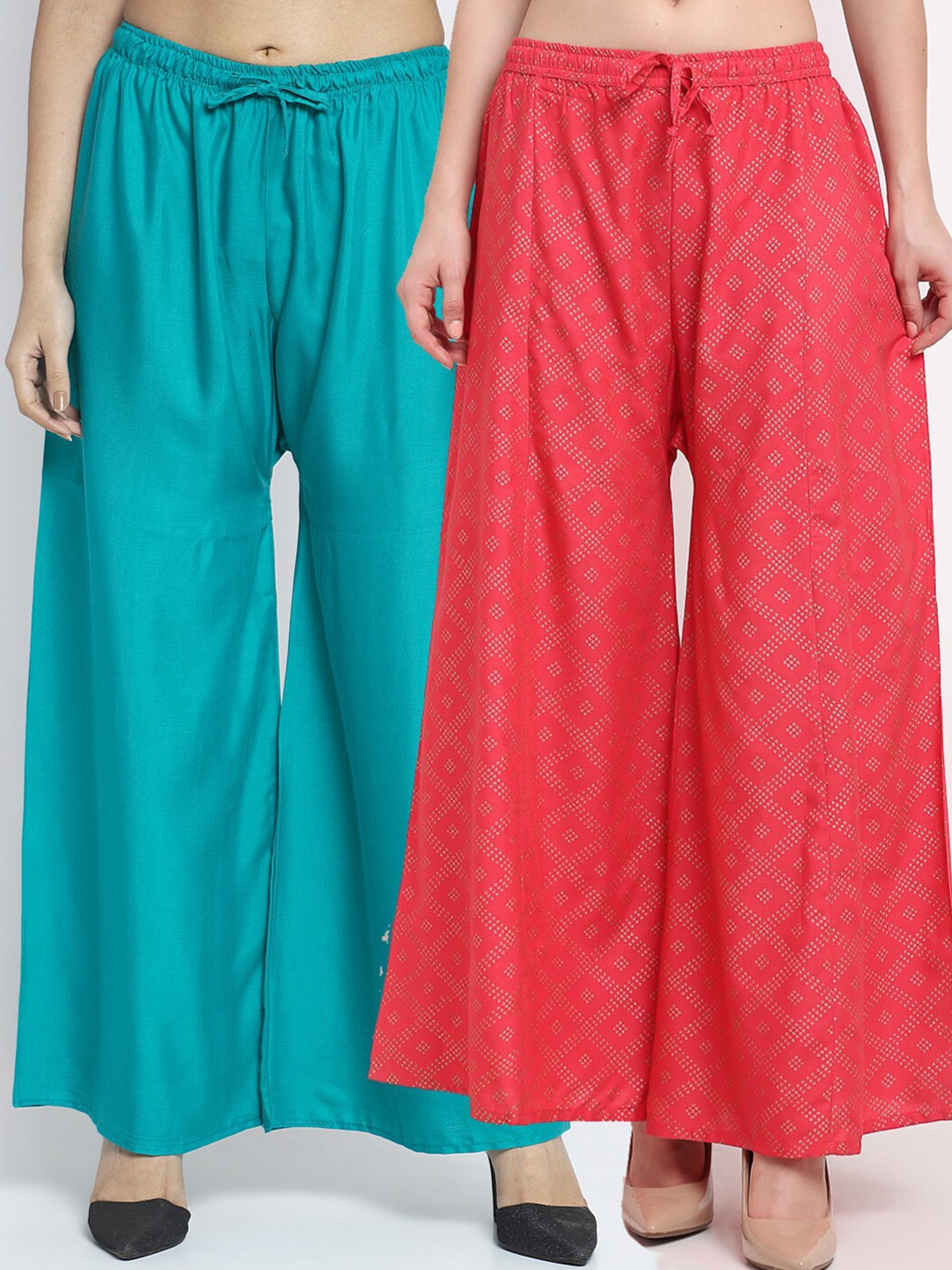 

GRACIT Women Pack Of 2 Green & Orange Printed Flared Ethnic Palazzos