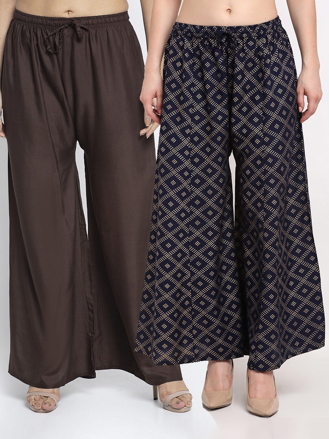 

GRACIT Women Pack Of 2 Brown & Navy Blue Printed Palazzos