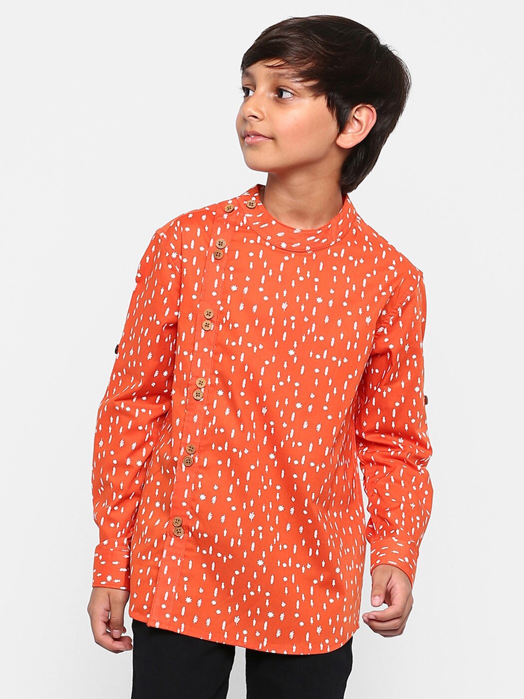 

MANET Boys Orange & White Classic Printed Cotton Casual Shirt