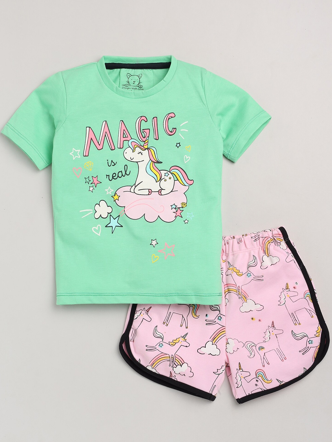

Lazy Shark Girls Green & Pink Printed T-shirt with Shorts