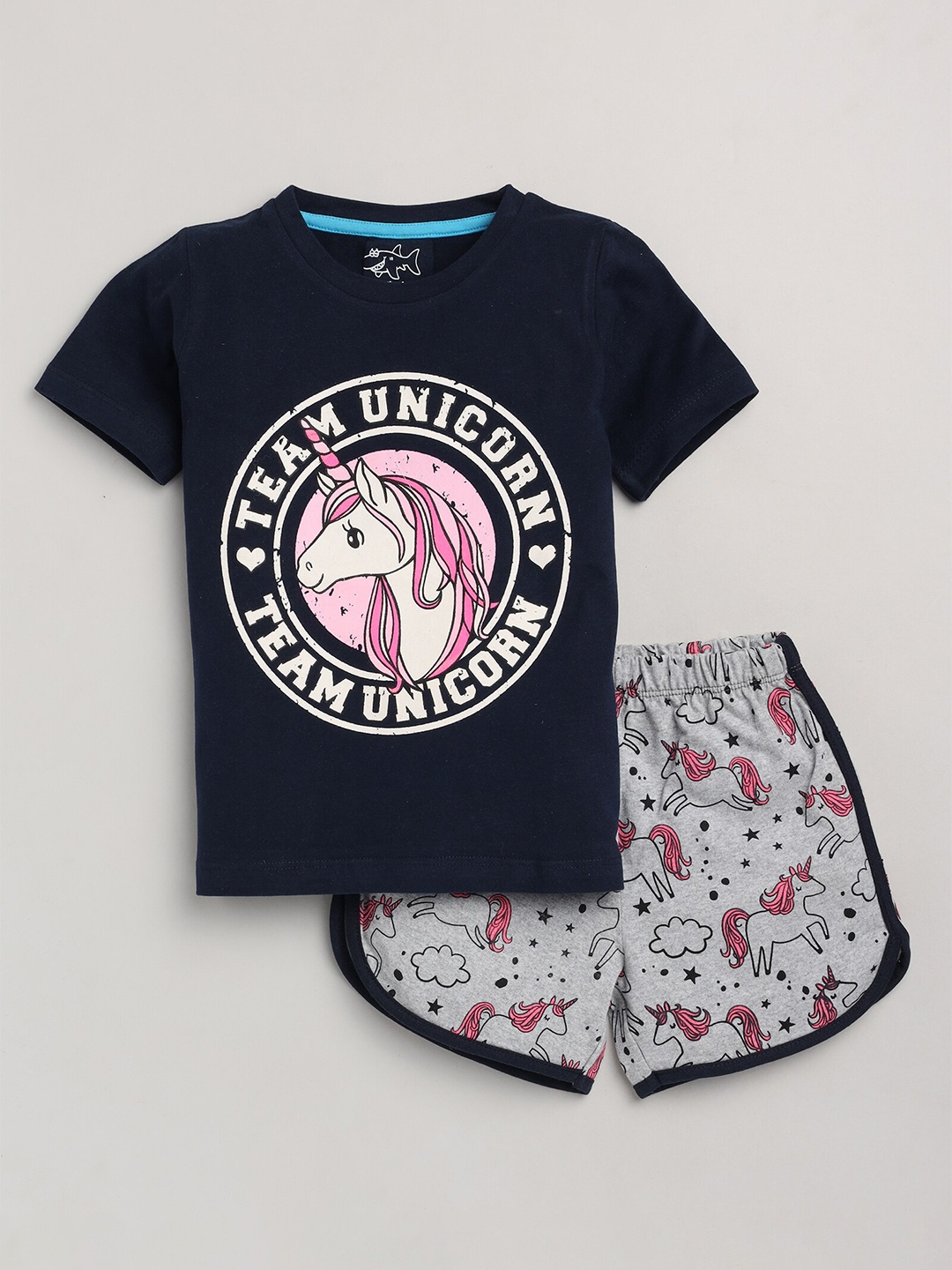 

Lazy Shark Girls Blue & Grey Printed T-shirt with Shorts