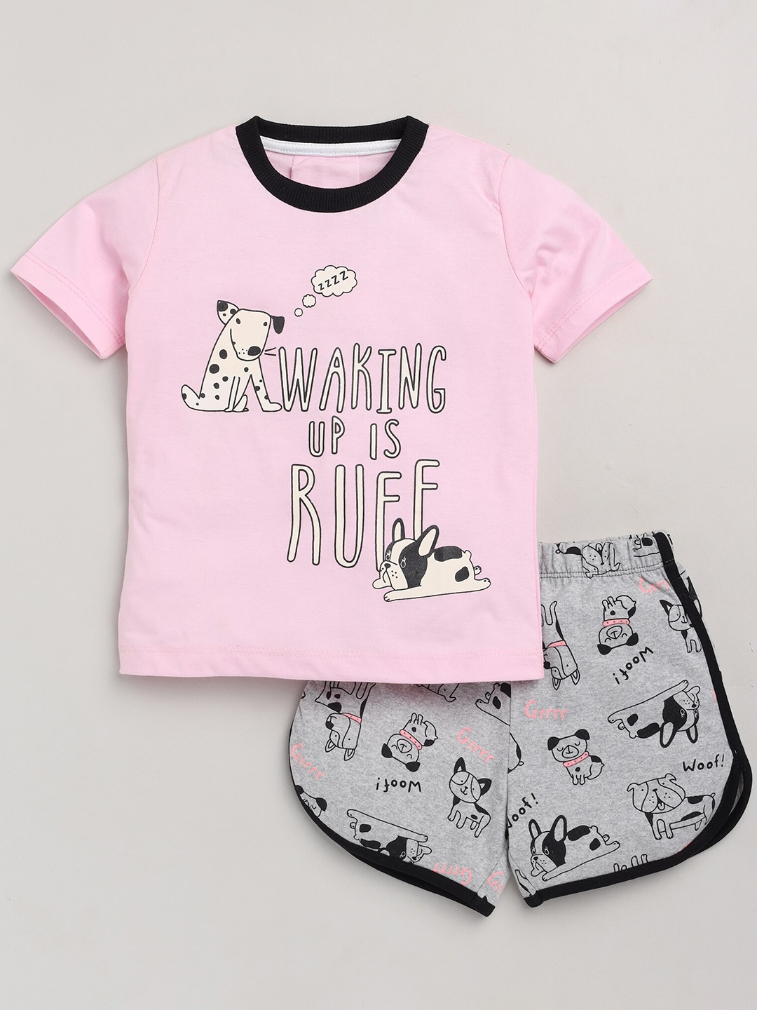

Lazy Shark Girls Pink & Grey Printed T-shirt with Shorts
