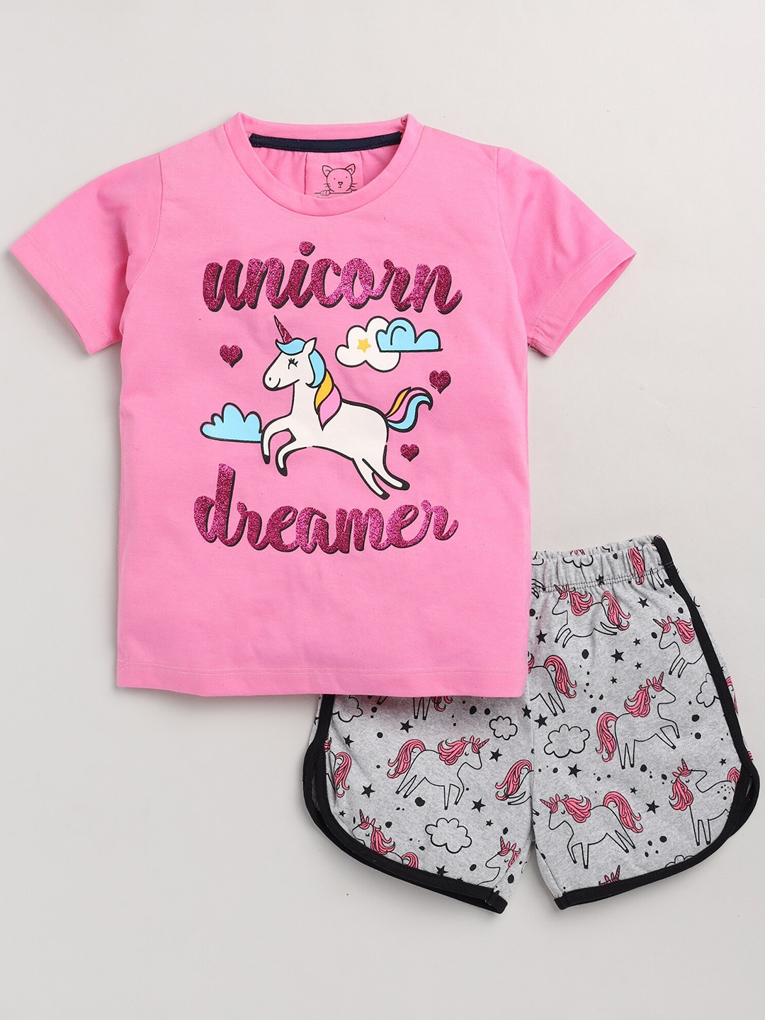 

Lazy Shark Girls Pink & Grey Printed T-shirt with Shorts