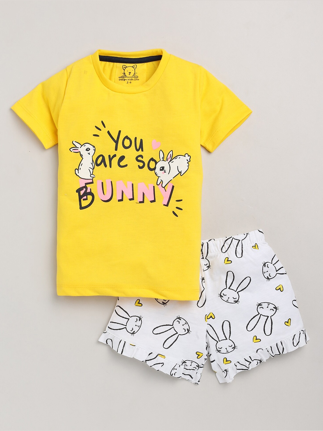 

Lazy Shark Girls Yellow & White Printed T-shirt with Shorts