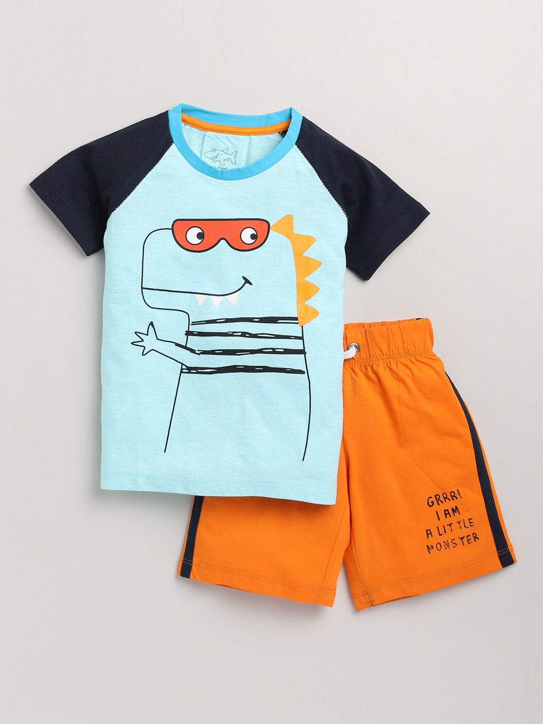 

Lazy Shark Boys Navy Blue & Orange Printed Cotton Co-Ords