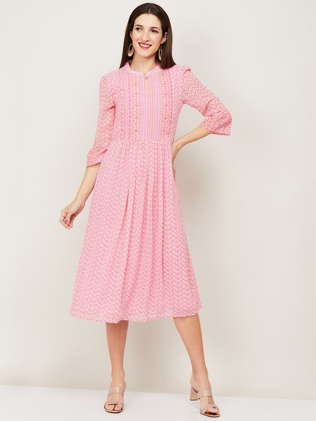 

Colour Me by Melange Pink & White Keyhole Neck Chiffon Midi Dress
