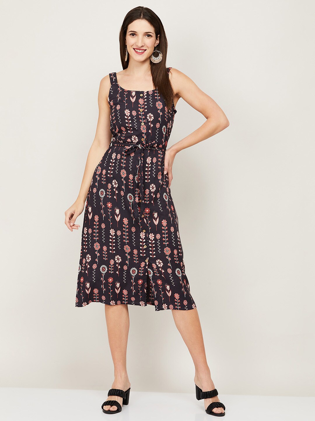 

Colour Me by Melange Women Charcoal & Coral Floral Shoulder Straps Fit & Flare Dress