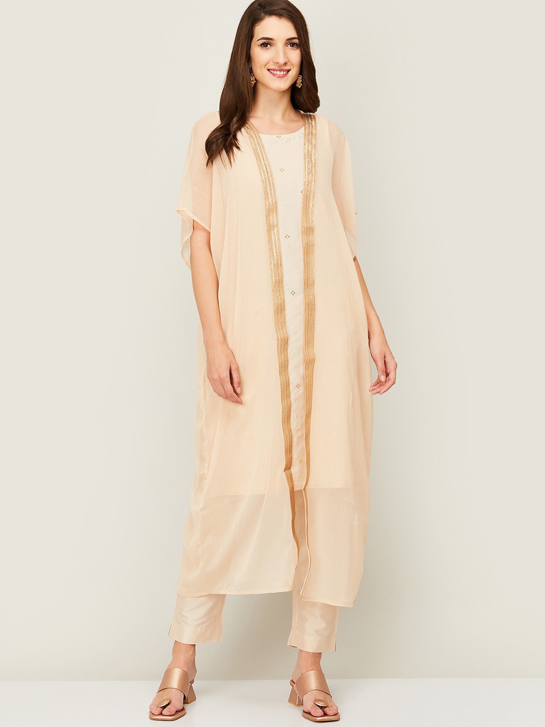 

Melange by Lifestyle Women Beige Striped Kurta With Trousers & Jacket