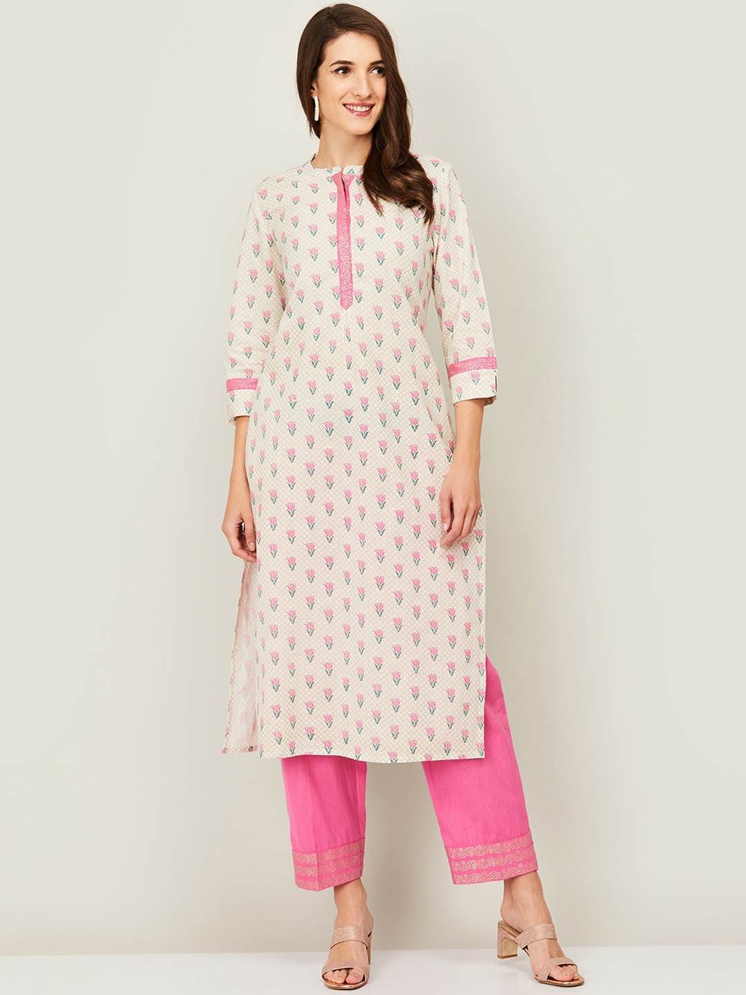 

Melange by Lifestyle Women Off White Ethnic Motifs Printed Straight Kurta with Trousers