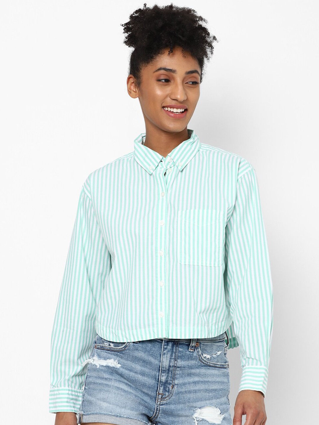 

AMERICAN EAGLE OUTFITTERS Women Green Pure Cotton Striped Casual Shirt
