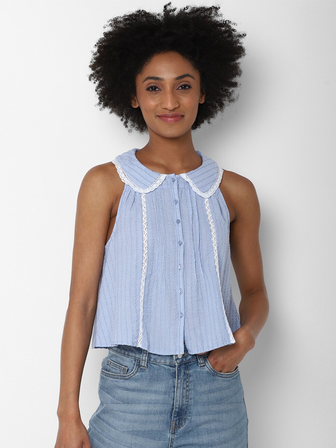

AMERICAN EAGLE OUTFITTERS Blue & White Striped Pure Cotton Shirt Style Top