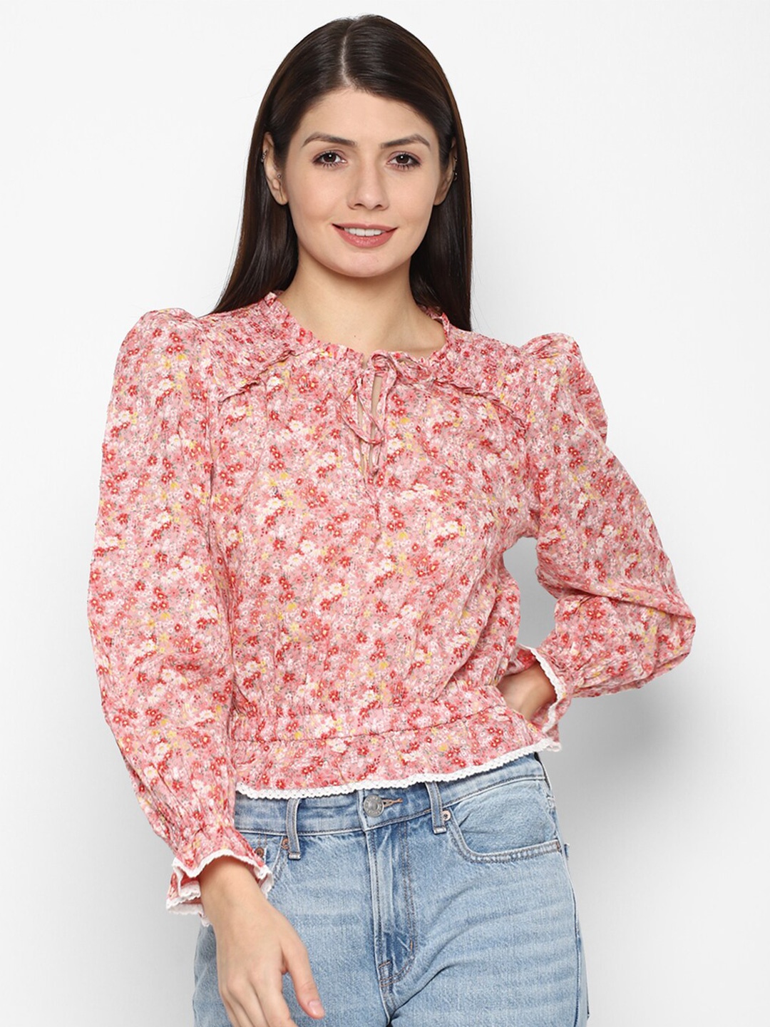 

AMERICAN EAGLE OUTFITTERS Women Peach-Coloured & Beige Floral Printed Top