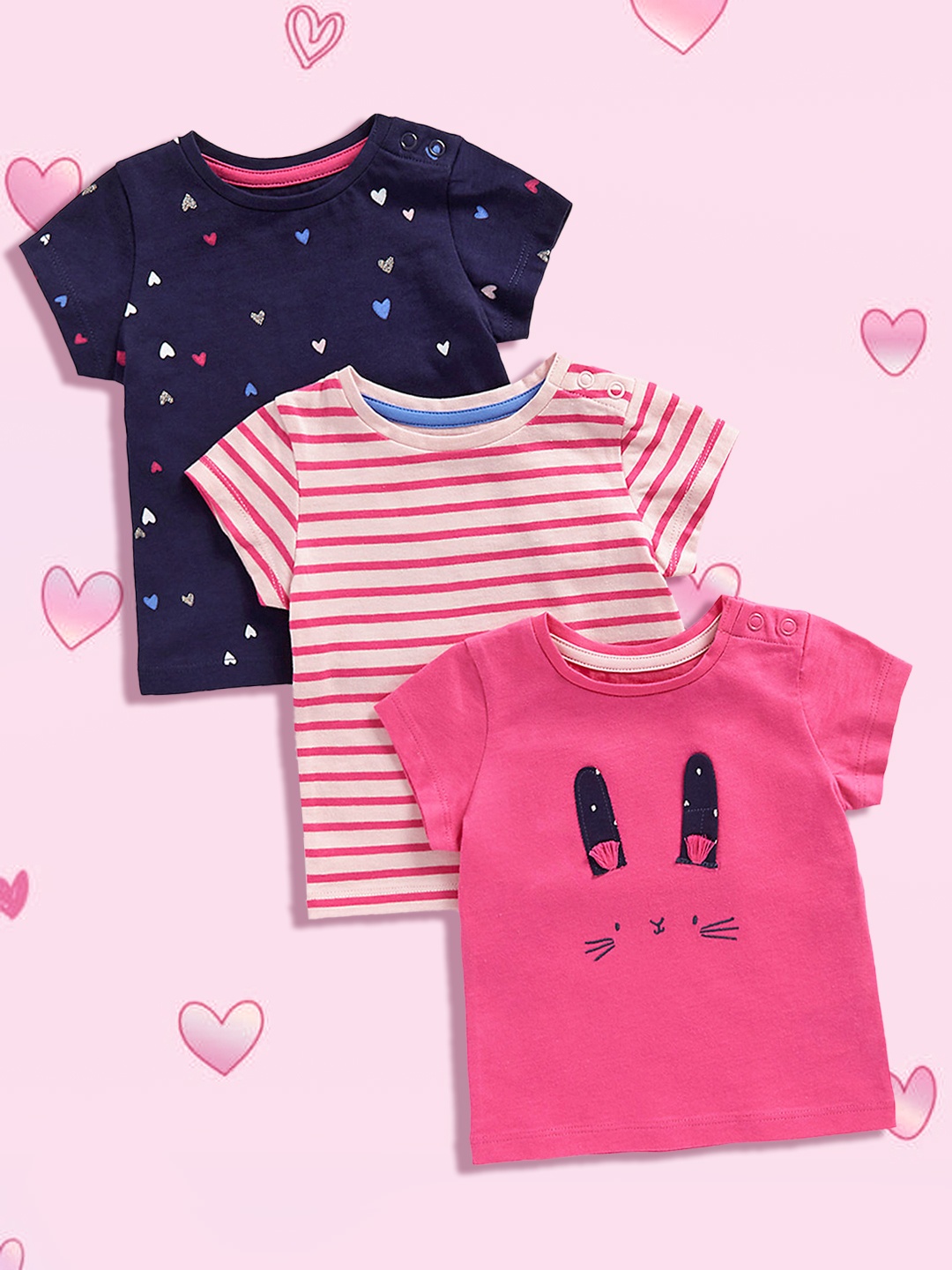 

mothercare Girls Pink & Navy Blue Pack Of 3 Printed T-shirt