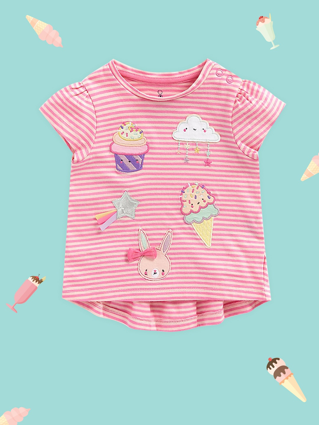 

mothercare Girls Pink Striped And Patch Work Pure Cotton T-shirt