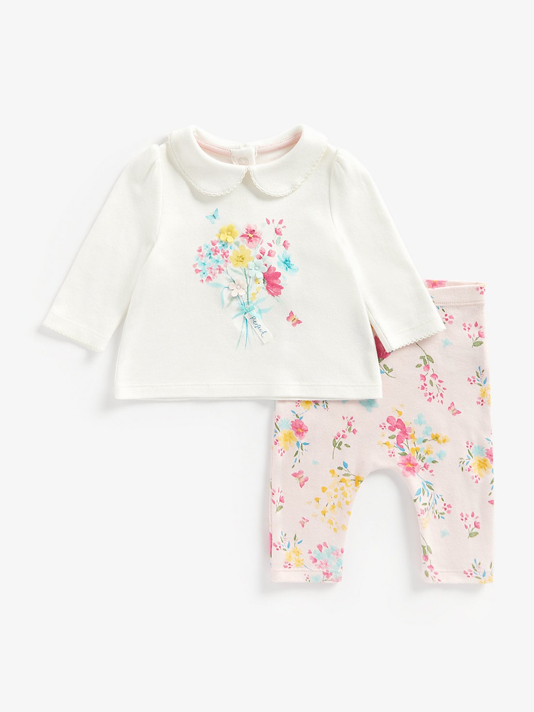 

mothercare Infant Girls White & Pink Printed Pure Cotton Top With Leggings Set