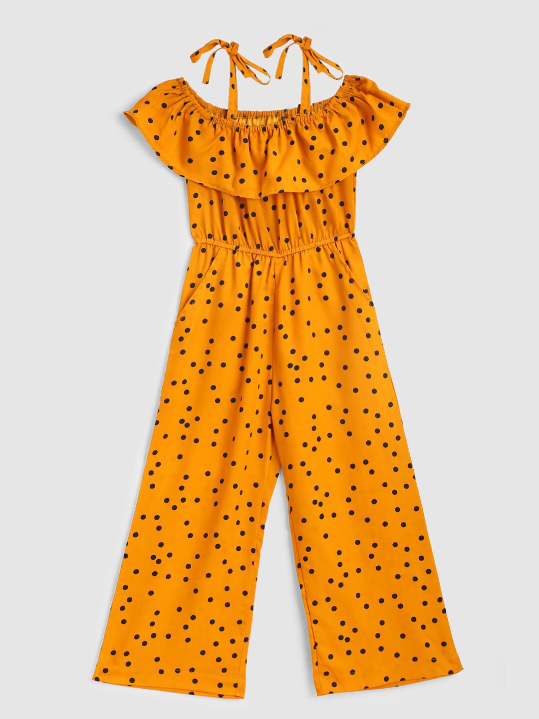 

YK Girls Yellow & Black Printed with Ruffles Jumpsuit