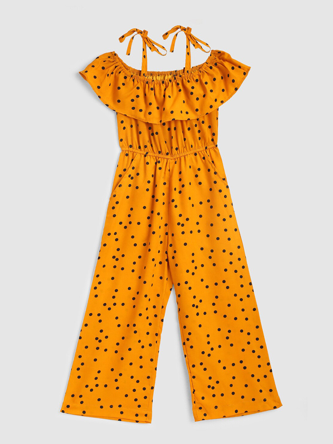 

YK Girls Yellow & Black Polka Dots Printed Basic Jumpsuit