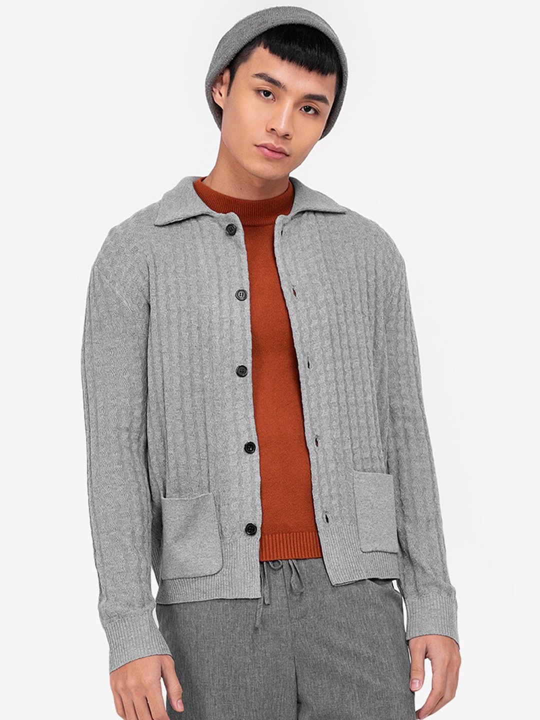 

ZALORA BASICS Men Grey Cable Knit Cardigan