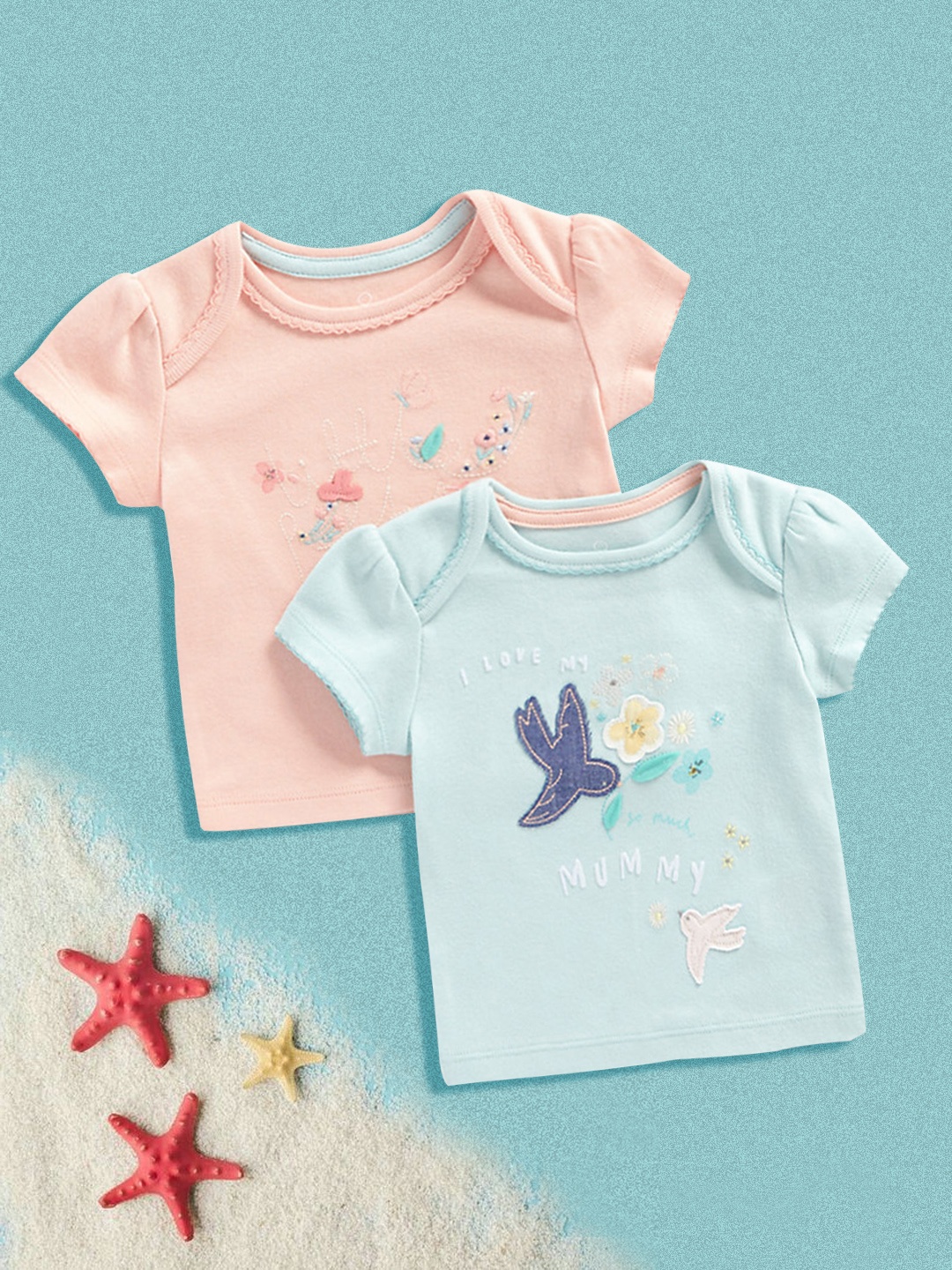 

mothercare Infant Girls Pack Of 2 Blue & Pink Embroidered Pure Cotton T-shirt