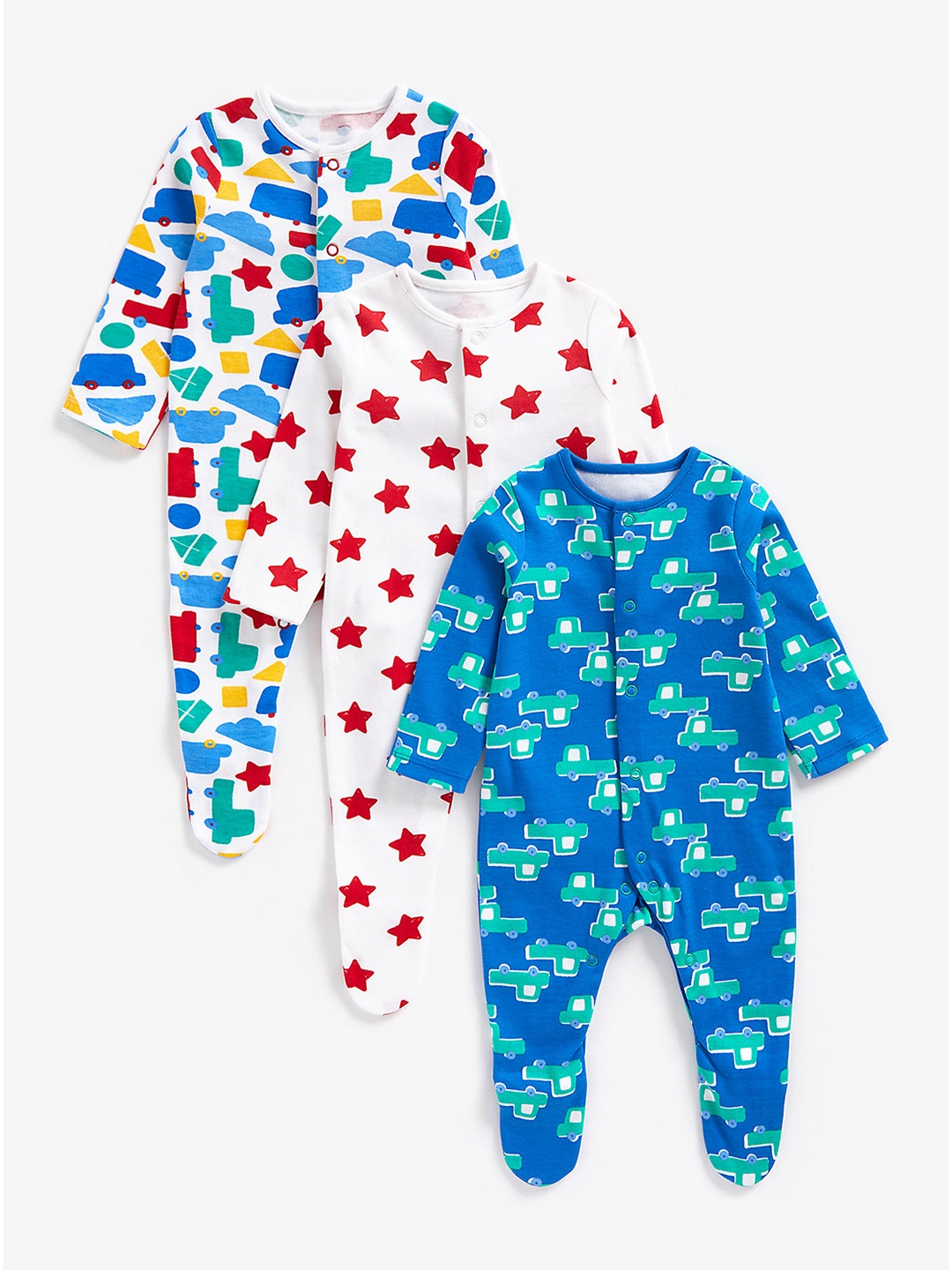 

mothercare Infant Boys Pack of 3 Pure Cotton Printed Sleepsuits, White
