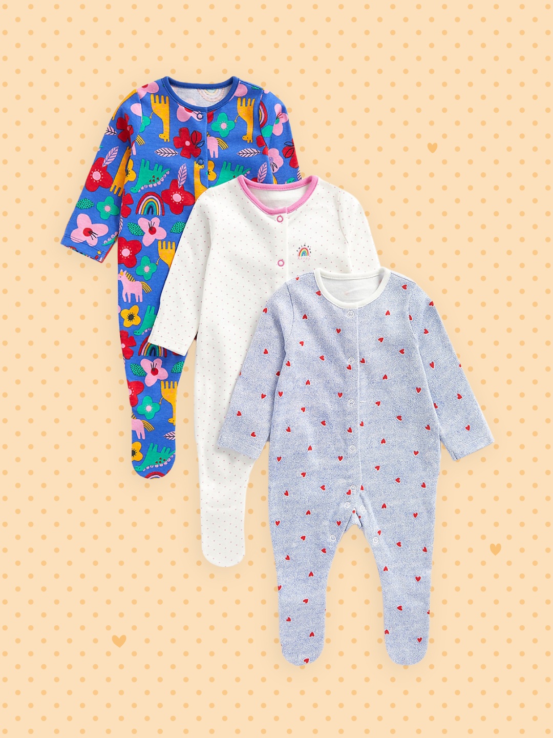 

mothercare Infant Girls Pack of 3 Pure Cotton Printed Sleepsuits, Blue