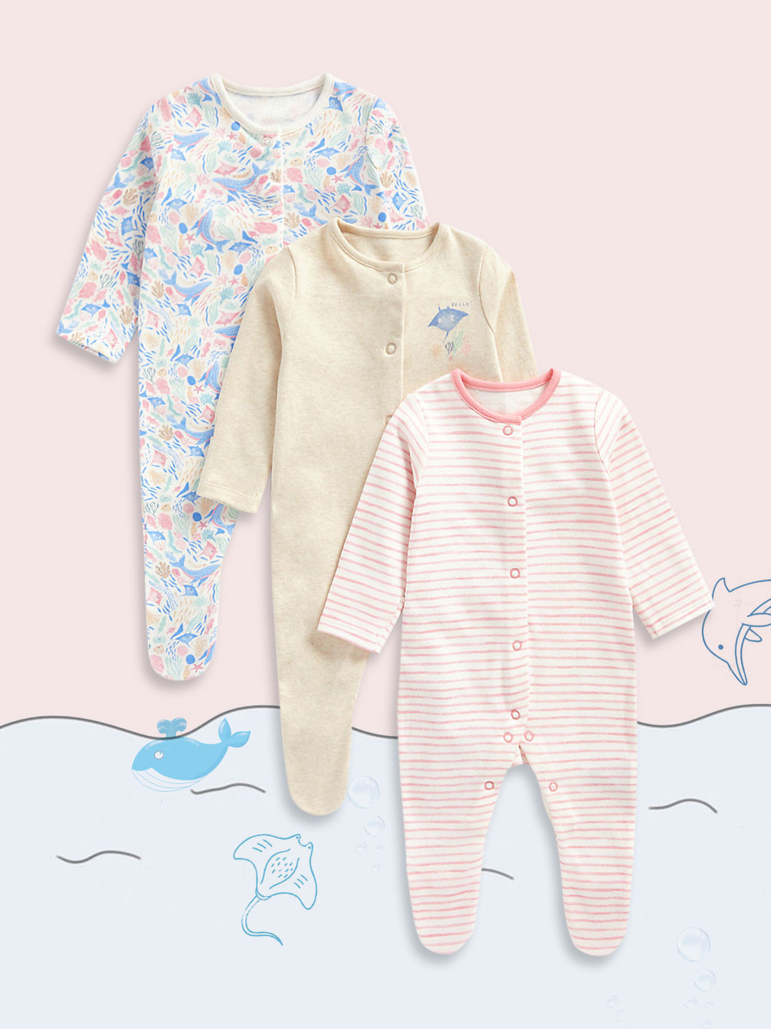 

mothercare Infants Girls Pack of 3 Pure Cotton Sleepsuits, White