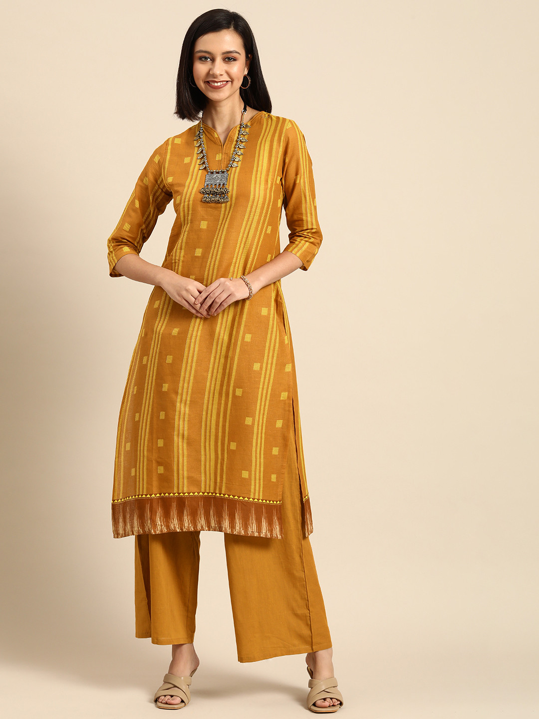 

Anouk Women Mustard Yellow Striped Pure Cotton Kurta with Palazzos