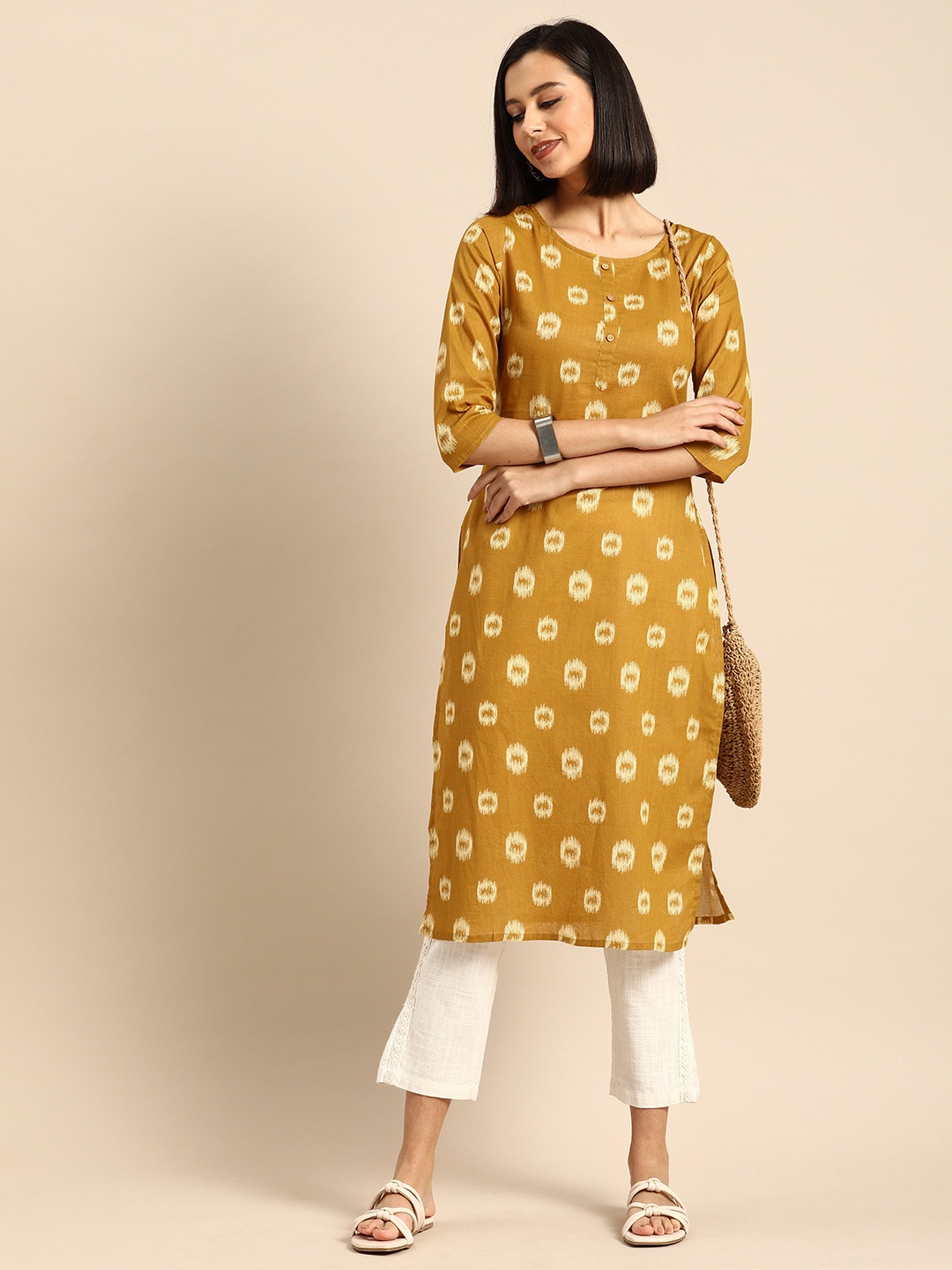 

Anouk Women Mustard Yellow Abstract Printed Pure Cotton Kurta