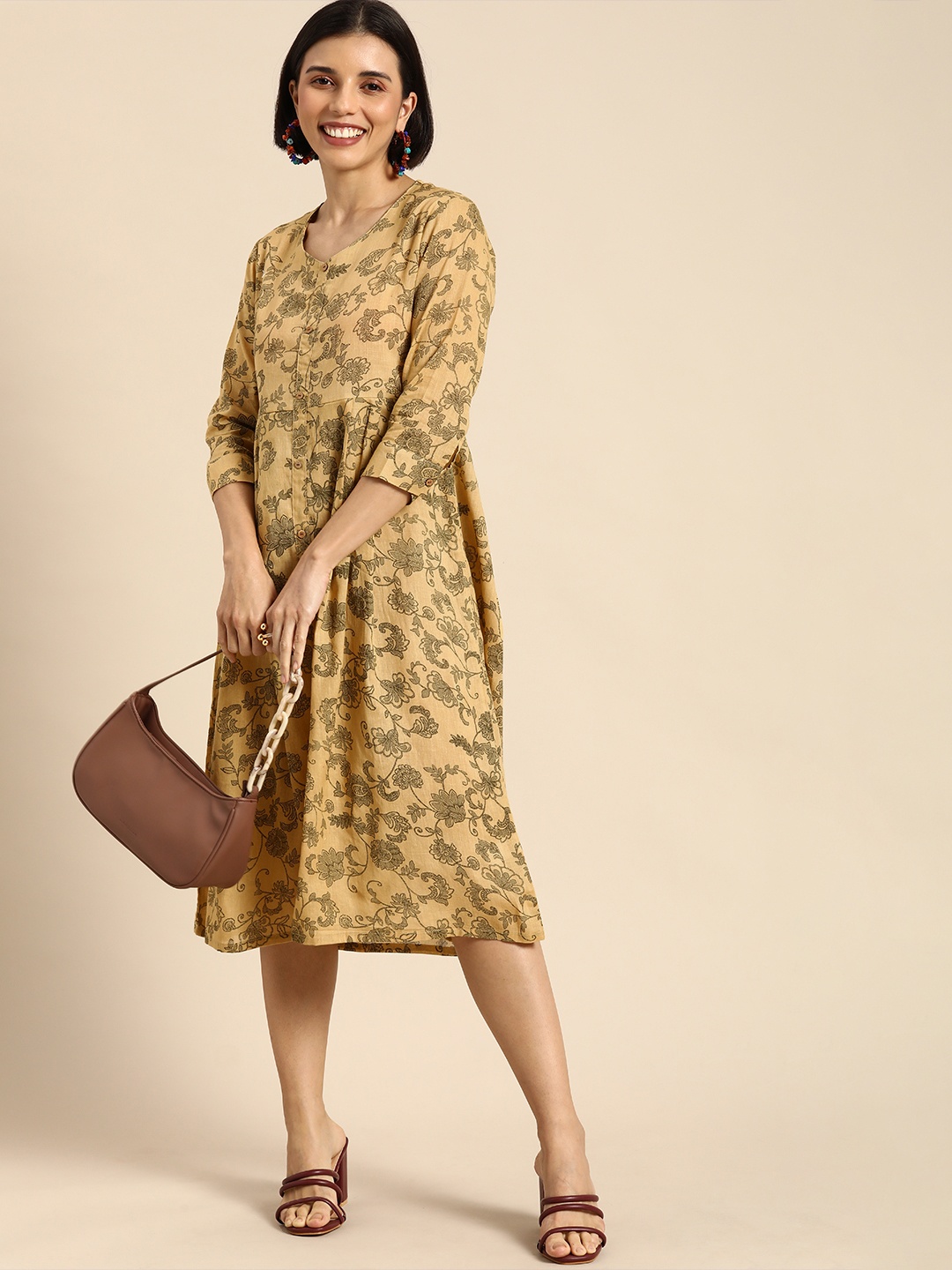 

Anouk Women Beige Ethnic Motifs Fit And Flare Casual Midi Dress