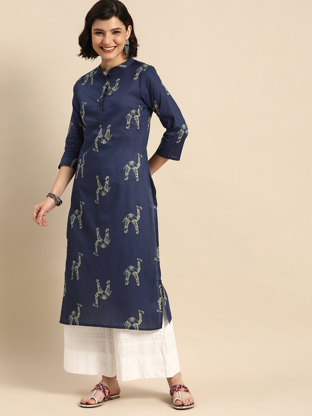 

Anouk Women Navy Blue & Yellow Printed Pure Cotton Straight Kurta
