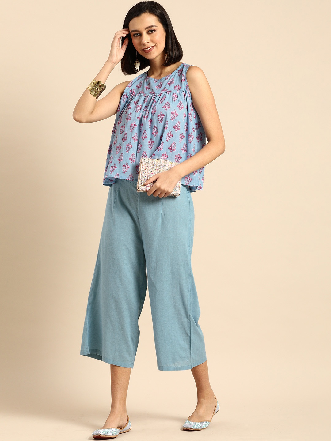 

Anouk Women Blue Floral Printed Pure Cotton Top with Palazzos