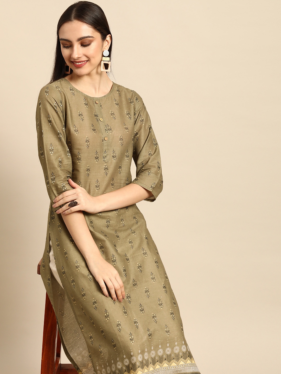 

Anouk Women Olive Green & Black Ethnic Motifs Printed Pure Cotton Straight Kurta